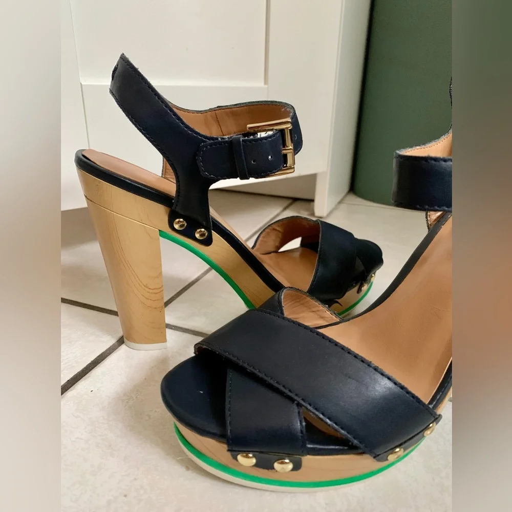 Tommy Hilfiger Navy Blue Wood Platform Heels - Picture 6 of 9